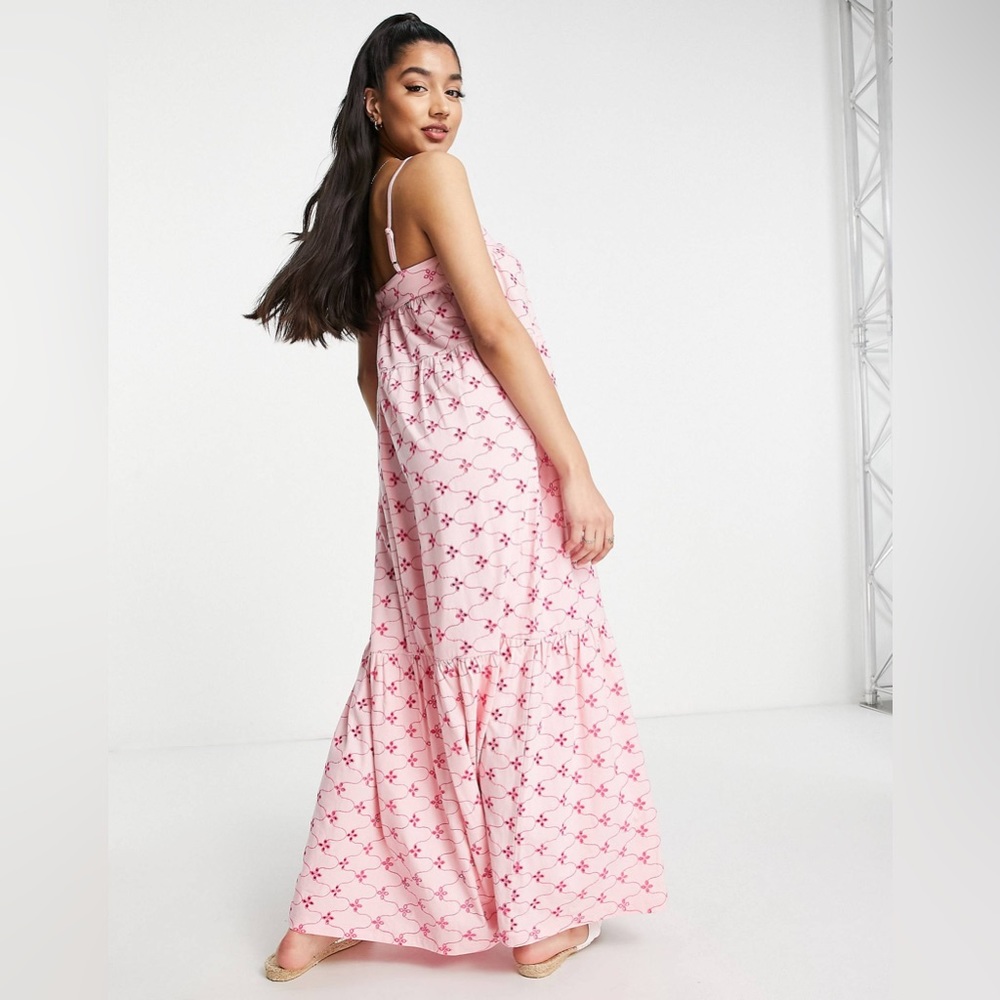 ASOS Broderie Eyelet Strappy Maxi Dress with Covered Buttons Light & Dark Pink - Picture 2 of 12